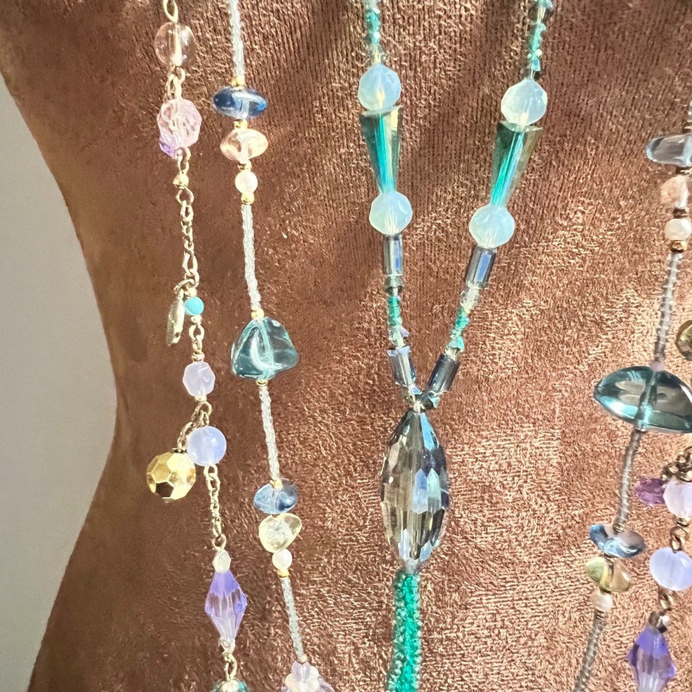 Set of 3 Beaded Crystal Layering Necklaces Pastel Blue Green 52 inch Fairycore